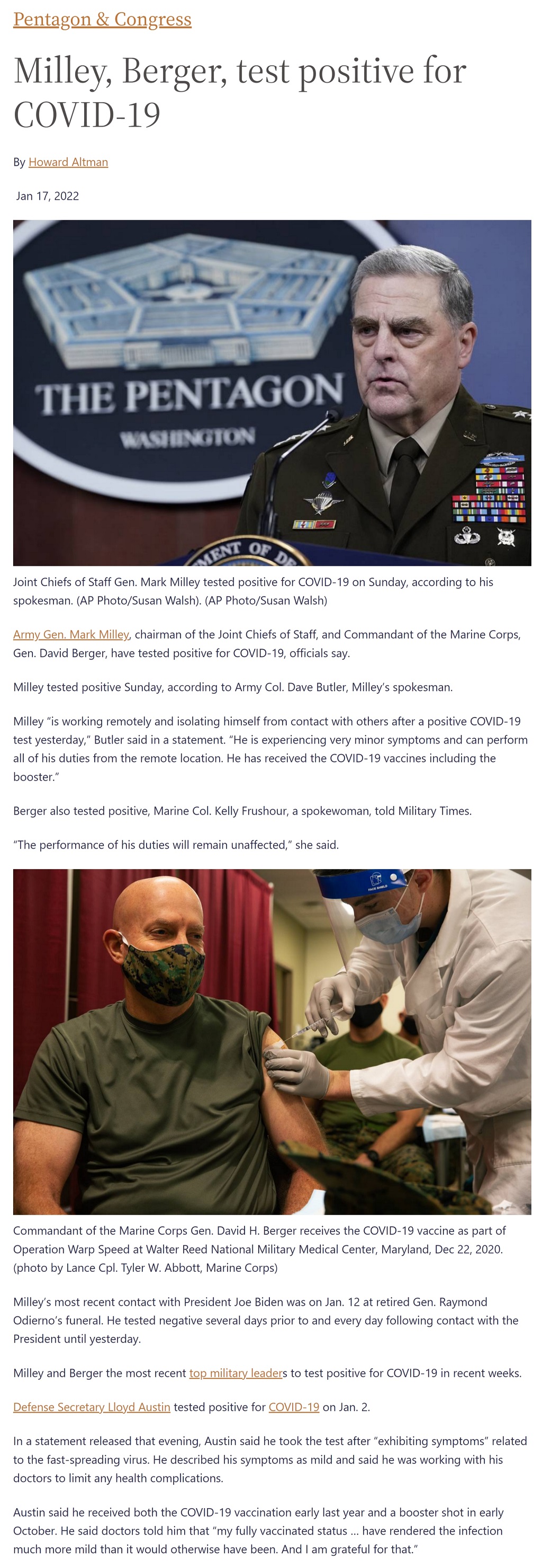 Article Milley, Berger, test positive for COVID-19 Milley, Berger, test positive for COVID-19 by Howard Altman, Military Times 1/17/2022