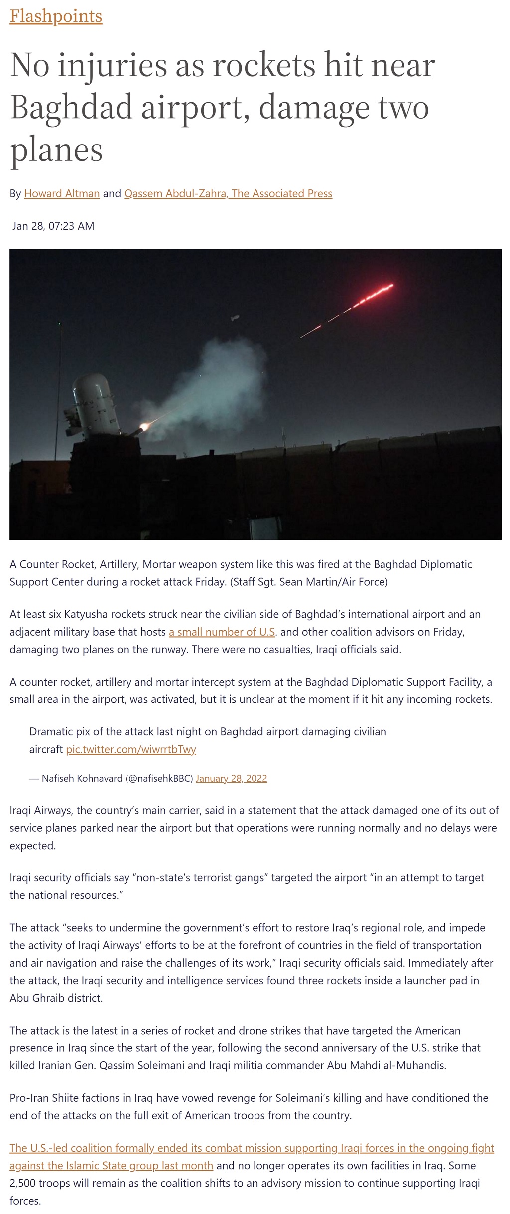Article No injuries as rockets hit near Baghdad airport, damage two planes No injuries as rockets hit near Baghdad airport, damage two planes by Howard Altman, Qassem Abdul-Zahra (AP), Military Times 1/28/2022