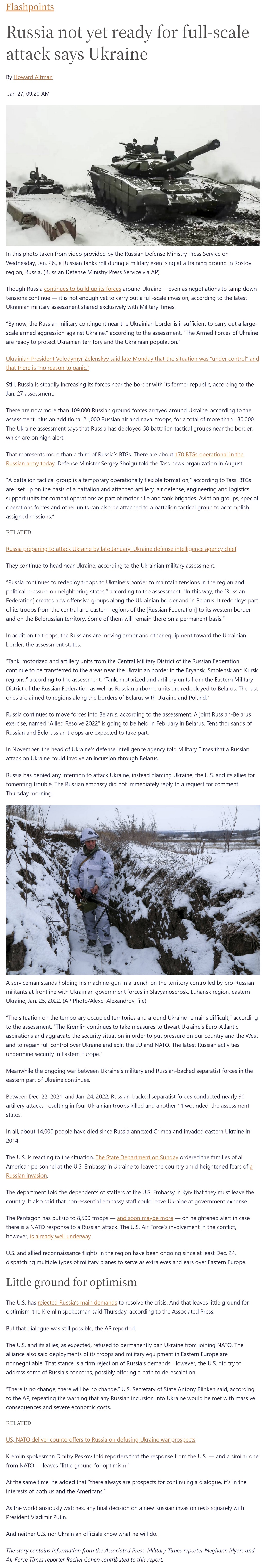 Russia not yet ready for full-scale attack says Ukraine by Howard Altman, Military Times, 1/27/2022