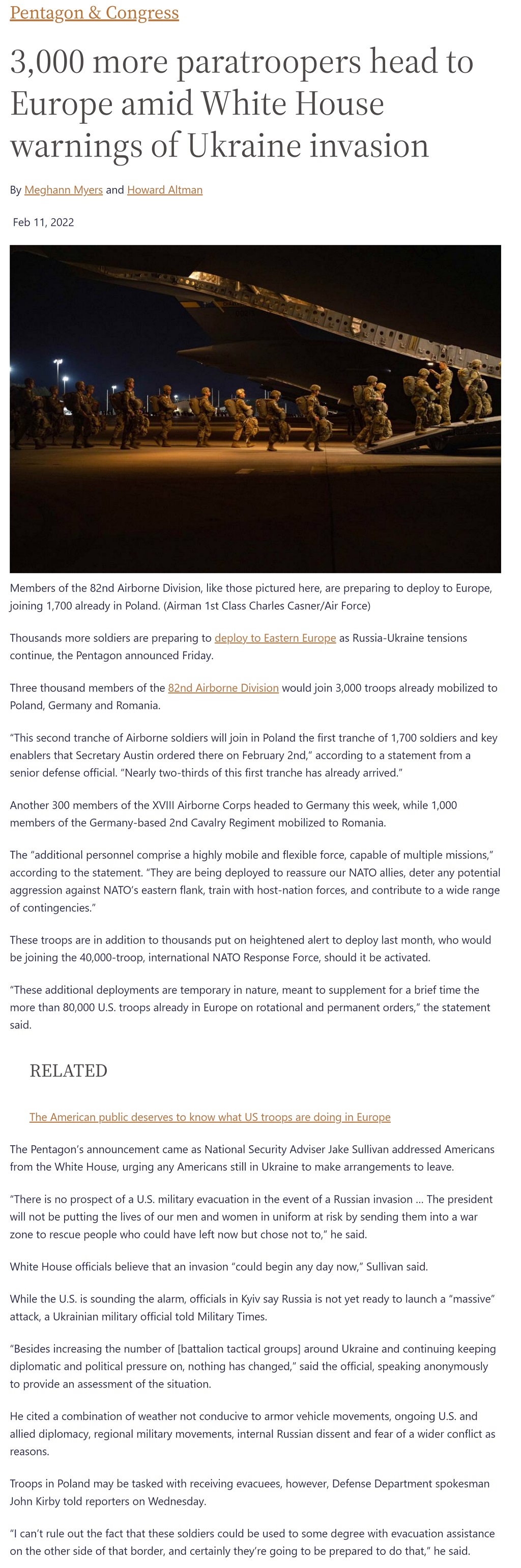 3,000 more paratroopers head to Europe amid White House warnings of Ukraine invasion by Meghann Myers and Howard Altman, Military Times 2/11/2022