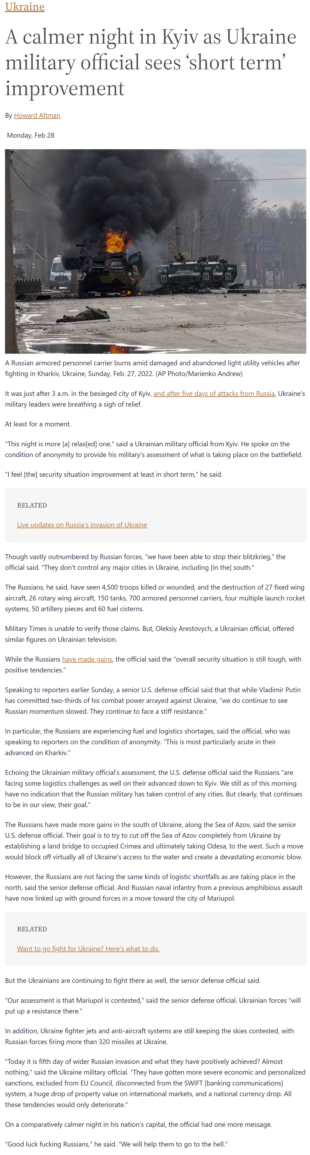 A calmer night in Kyiv as Ukraine military official sees ‘short term’ improvement by Howard Altman at Military Times 2/28/2022