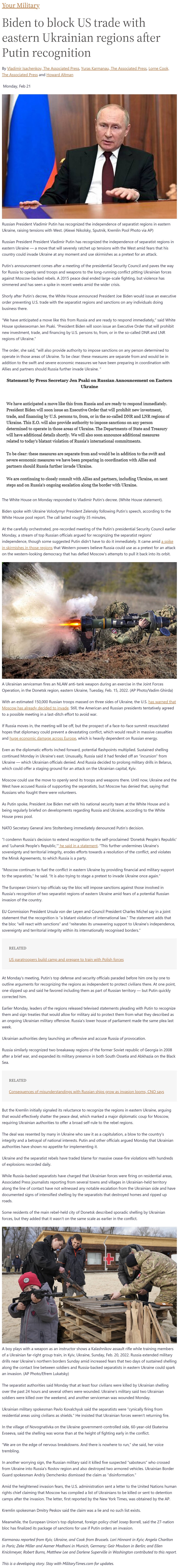 Biden to block US trade with eastern Ukrainian regions after Putin recognition by Howard Altman et al. at Military Times 2/21/2022