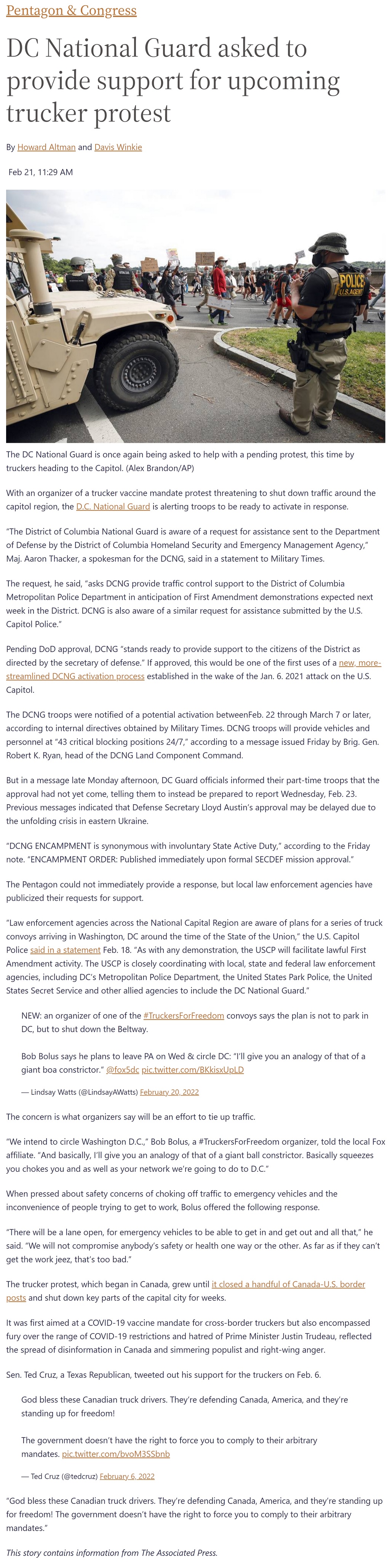 Article DC National Guard asked to provide support for upcoming trucker protest DC National Guard asked to provide support for upcoming trucker protest by Howard Altman, Davis Winkie at Military Times 2/21/2022