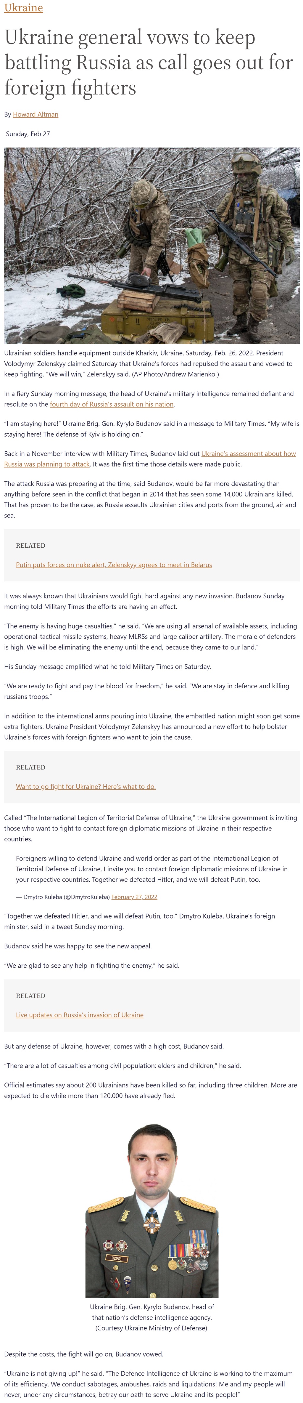 Ukraine general vows to keep battling Russia as call goes out for foreign fighters by Howard Altman at Military Times 2/27/2022