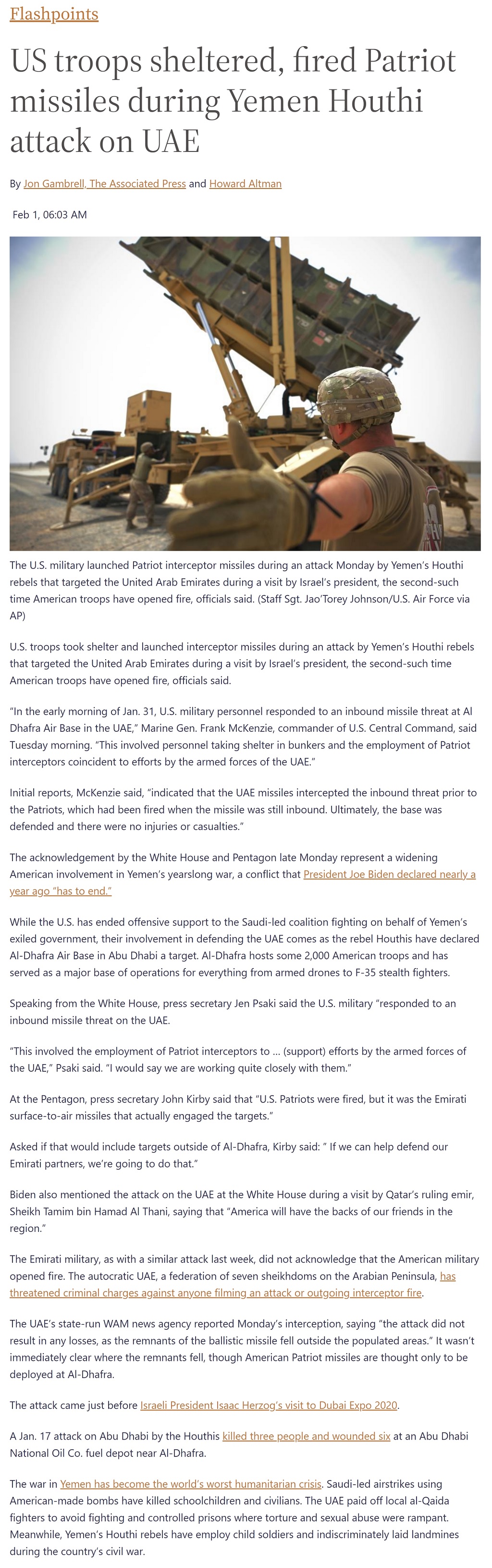 US troops sheltered, fired Patriot missiles during Yemen Houthi attack on UAE by Howard Altman, Jon Gambrell (AP), Military Times 2/1/2022