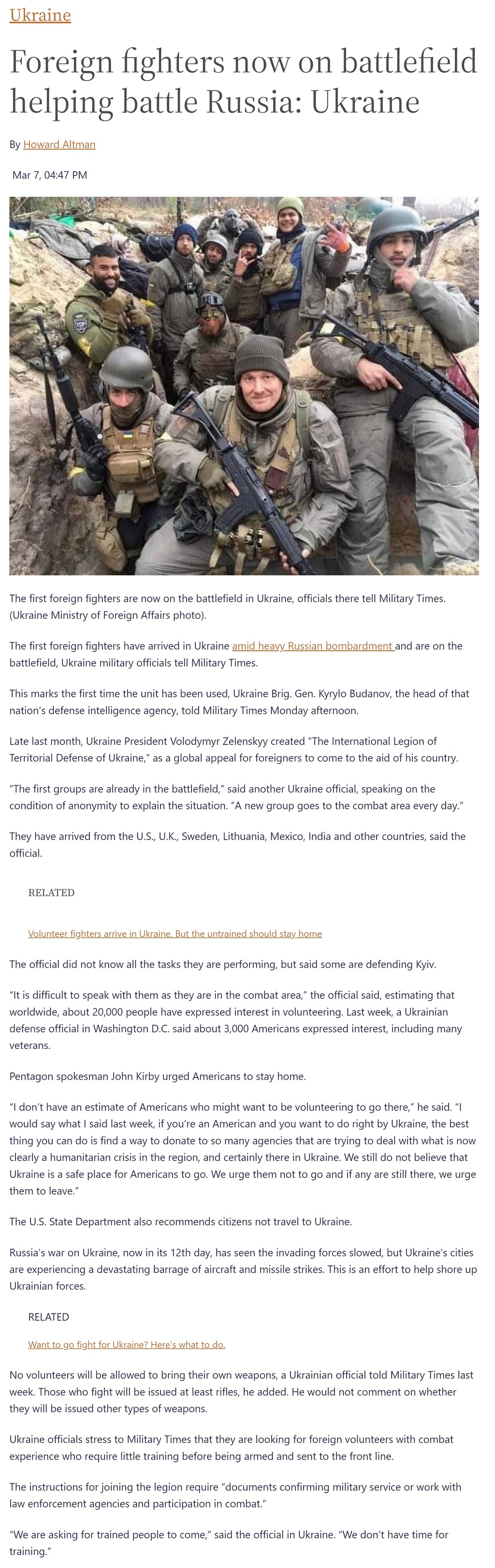 Article Foreign fighters now on battlefield helping battle Russia: Ukraine Foreign fighters now on battlefield helping battle Russia: Ukraine by Howard Altman 3/7/2022