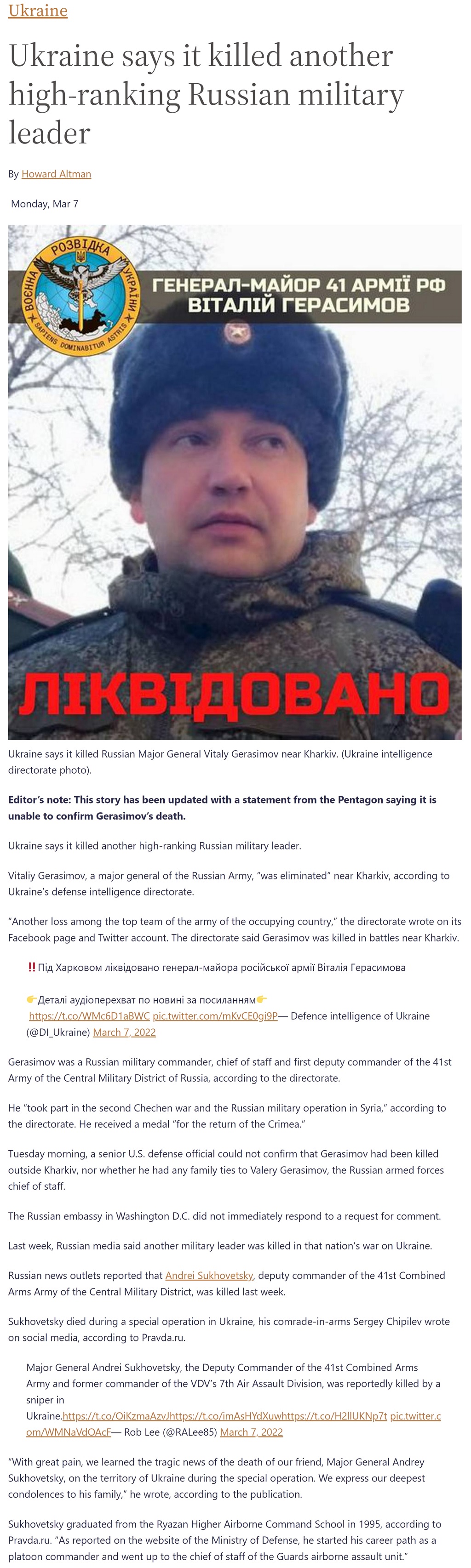 Article Ukraine says it killed another high-ranking Russian military leader Ukraine says it killed another high-ranking Russian military leader by Howard Altman at Military Times 3/7/2022