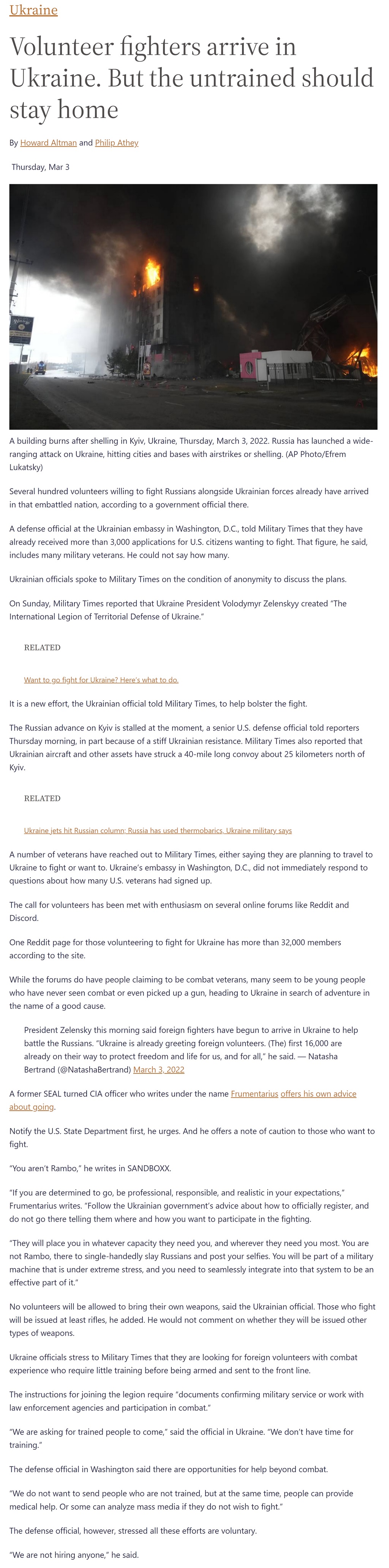 Volunteer fighters arrive in Ukraine. But the untrained should stay home by Howard Altman, Philip Athey at Military Times 3/3/2022