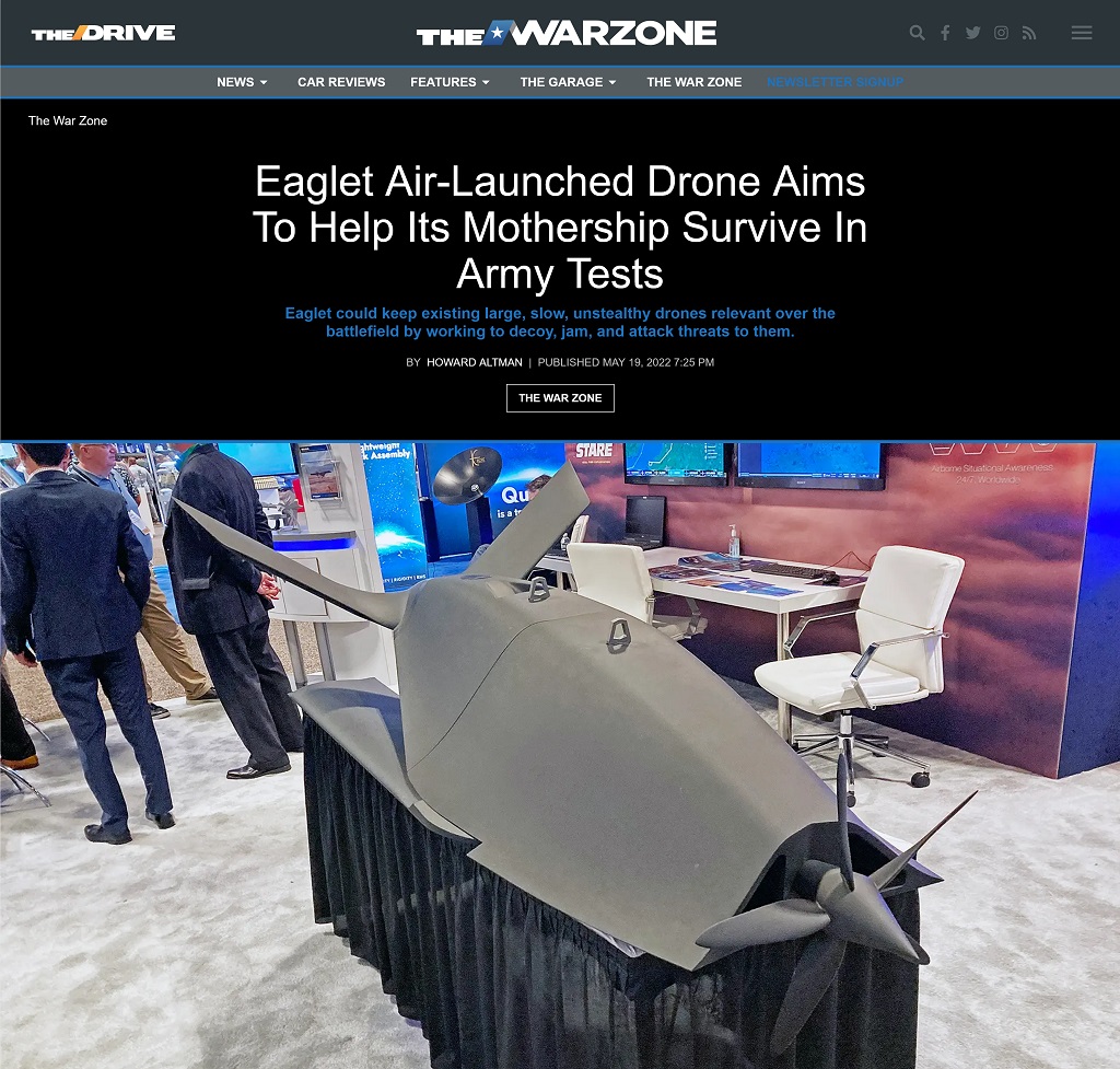 Eaglet Air-Launched Drone Aims To Help Its Mothership Survive In Army Tests by Howard Altman at The War Zone, 5/19/2022