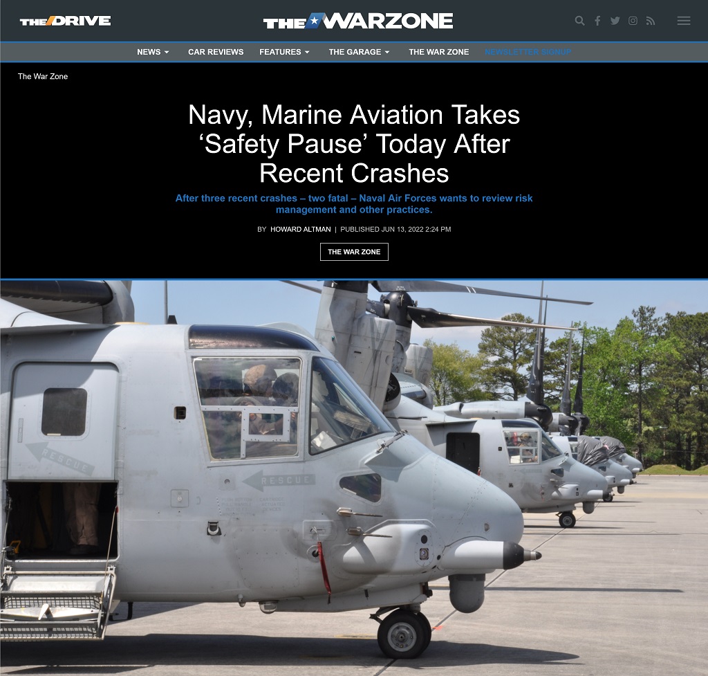 Navy, Marine Aviation Takes 'Safety Pause' Today After Recent Crashes by Howard Altman at The War Zone 6/13/2022