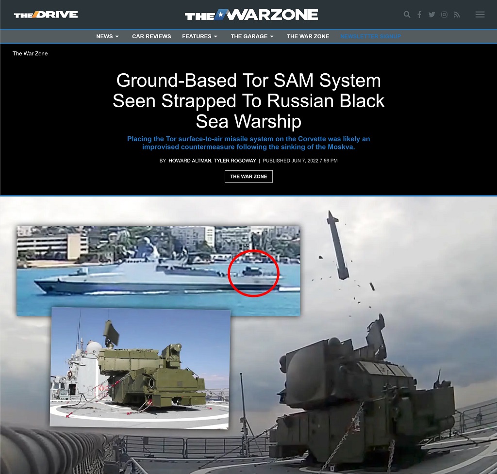 Ground-Based Tor SAM System Seen Strapped To Russian Black Sea Warship by Howard Altman, Tyler Rogoway at The War Zone 6/7/2022