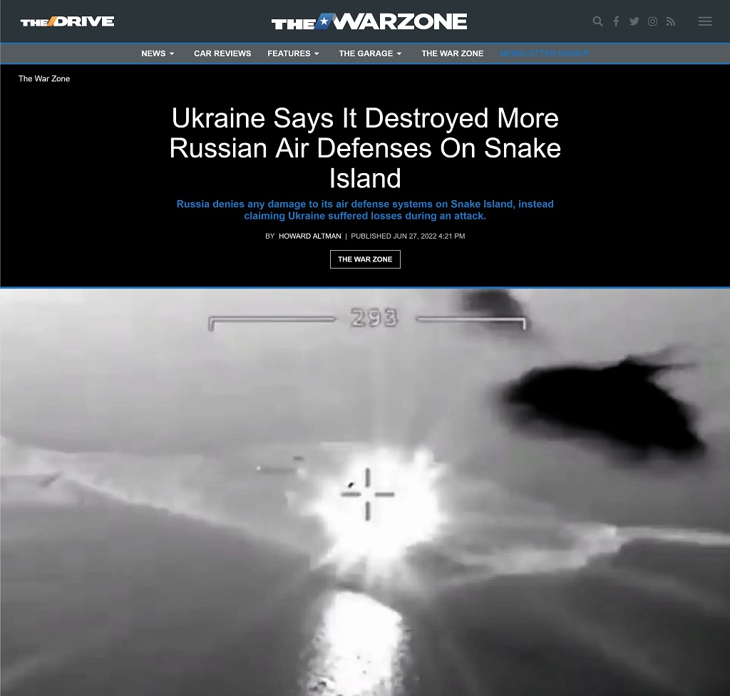 Ukraine Says It Destroyed More Russian Air Defenses On Snake Island by Howard Altman at The War Zone 6/27/2022