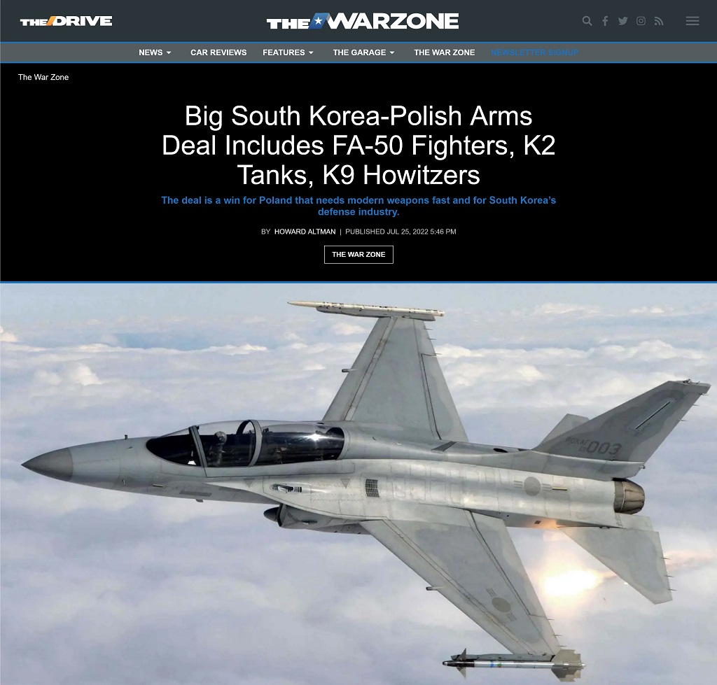 Big South Korea-Polish Arms Deal Includes FA-50 Fighters, K2 Tanks, K9 Howitzers by Howard Altman at The War Zone 7/25/2022