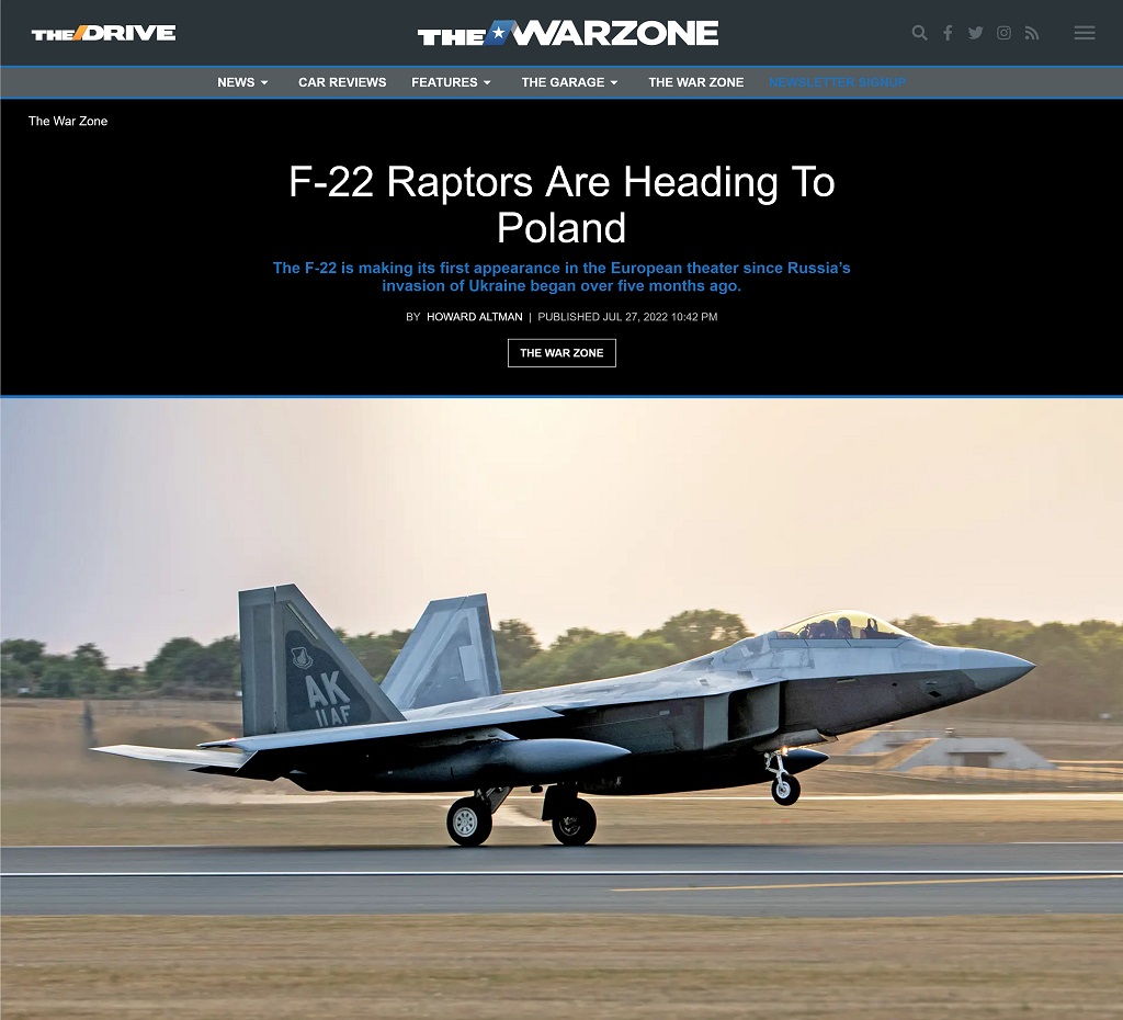 F-22 Raptors Are Heading To Poland by Howard Altman at The War Zone 7/27/2022