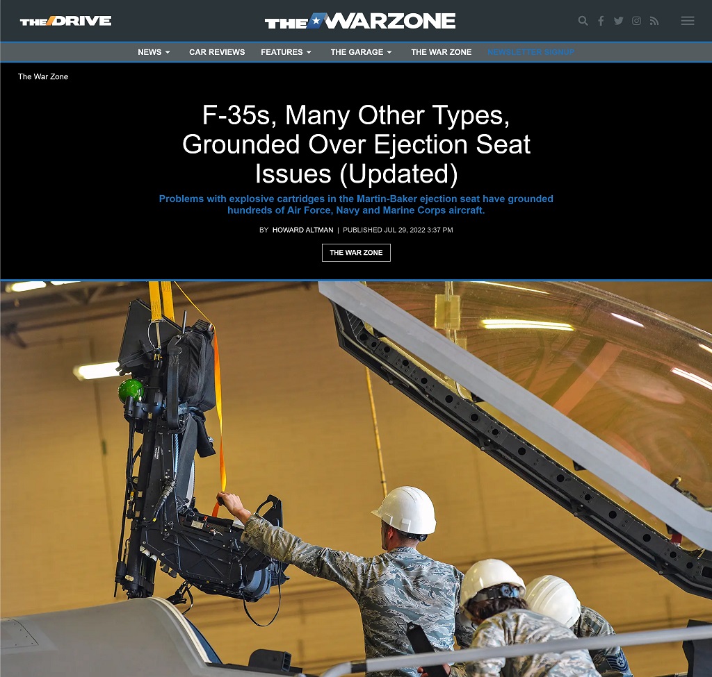 F-35s, Many Other Types, Grounded Over Ejection Seat Issues -- Updated by Howard Altman at The War Zone 7/29/2022