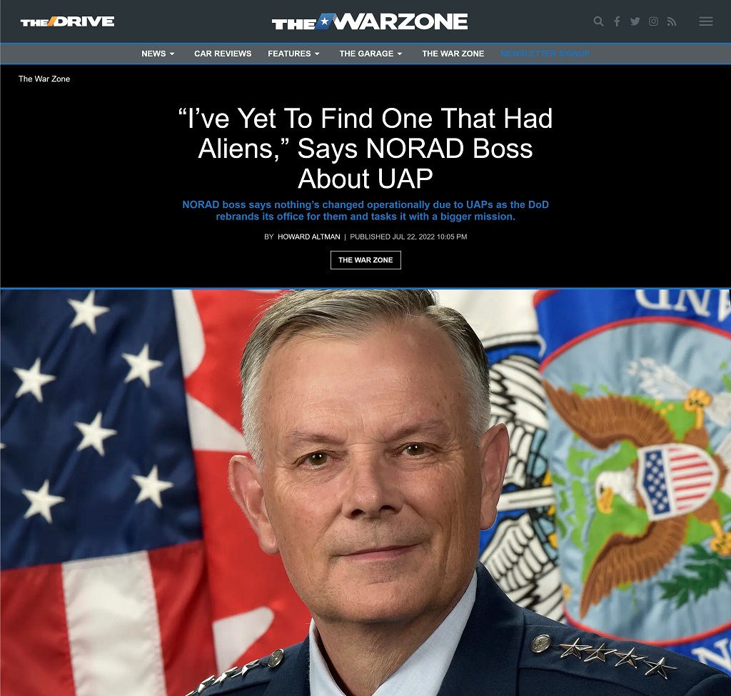 "I've Yet To Find One That Had Aliens," Says NORAD Boss About UAP by Howard Altman at The War Zone 7/22/2022
