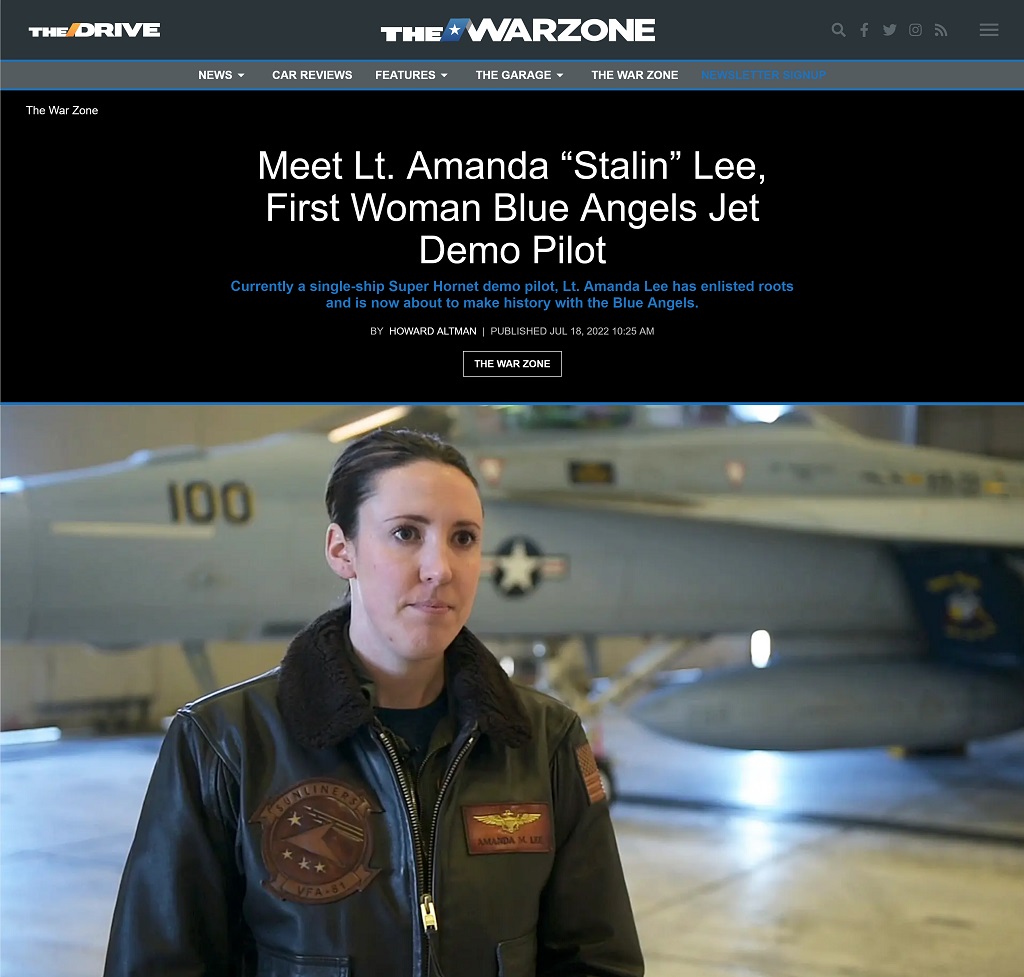 Meet Lt. Amanda "Stalin" Lee, First Woman Blue Angels Jet Demo Pilot by Howard Altman, The War Zone 7/18/2022