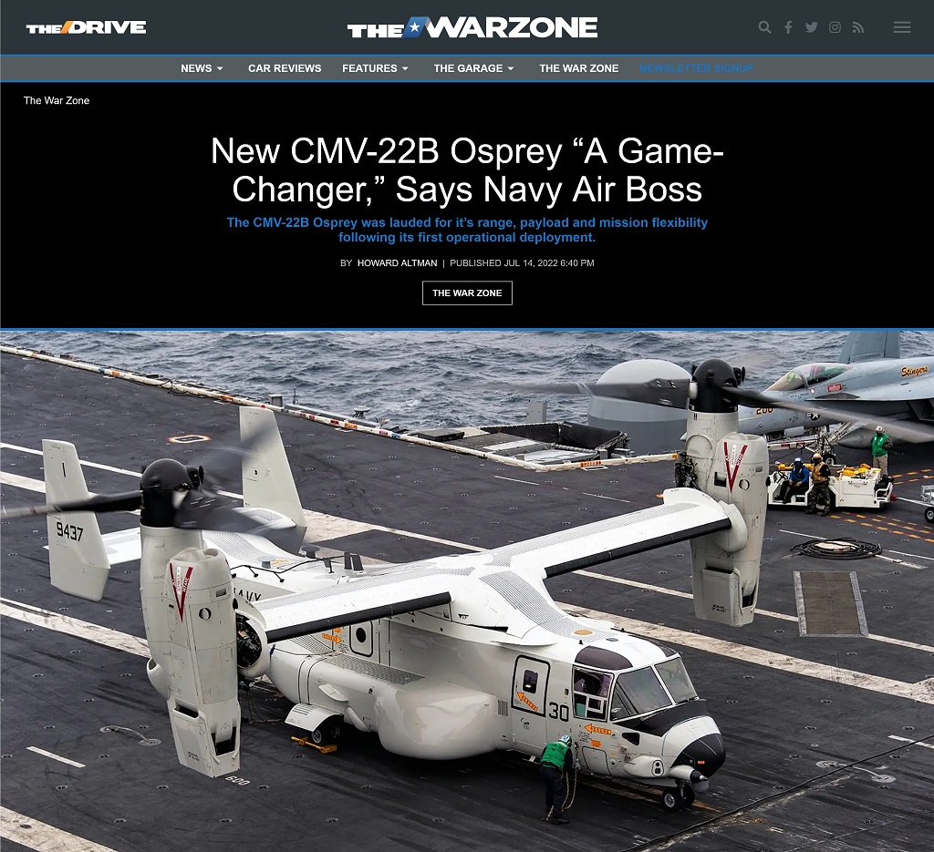 New CMV-22B Osprey "A Game-Changer," Says Navy Air Boss by Howard Altman at The War Zone 7/14/2022