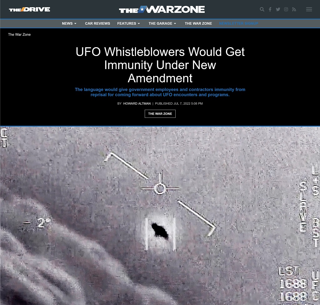 UFO Whistleblowers Would Get Immunity Under New Amendment by Howard Altman at The War Zone 7/7/2022
