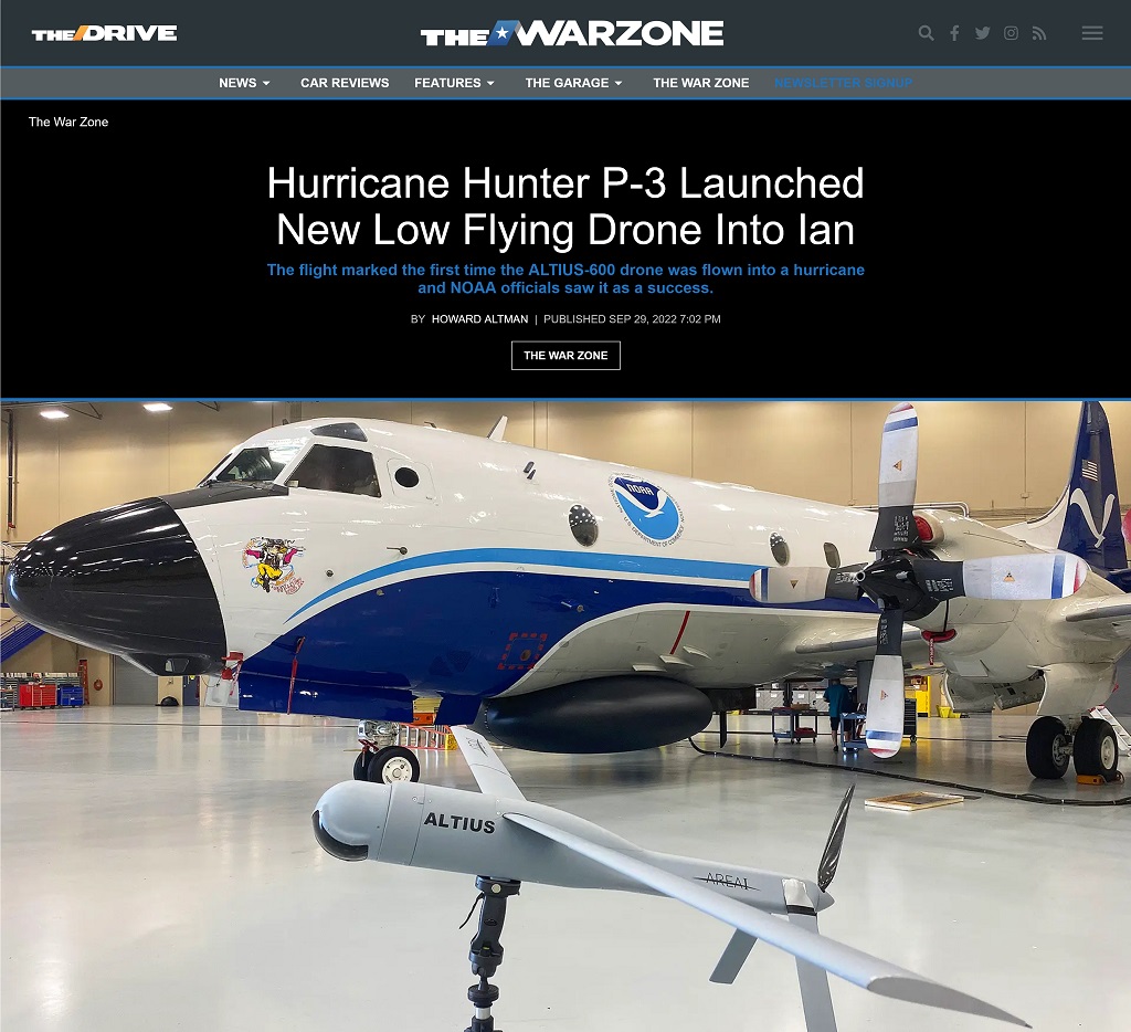 Hurricane Hunter P-3 Launched New Low Flying Drone Into Ian by Howard Altman published at The War Zone 9/29/2022