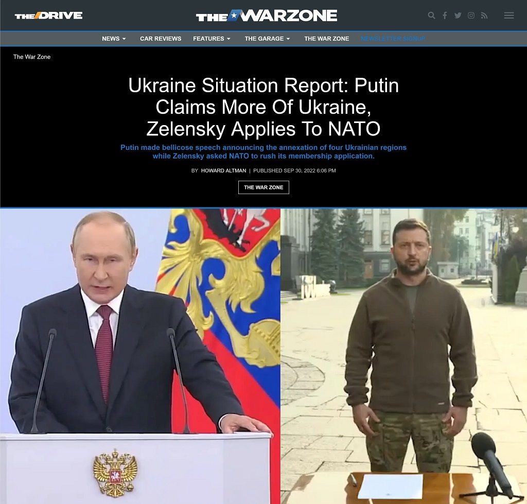 Ukraine Situation Report: Putin Claims More of Ukraine, Zelensky Applies to NATO by Howard Altman published at The War Zone 9/30/2022