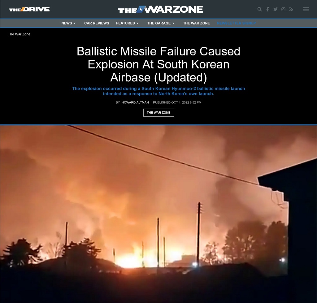 Ballistic Missile Failure Caused Explosion At South Korean Airbase Updated by Howard Altman at The War Zone 10/4/2022