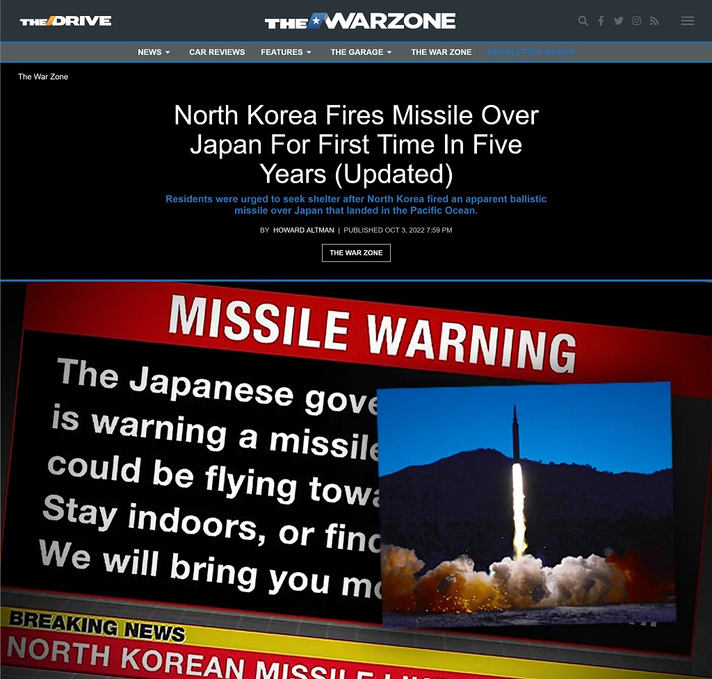 North Korea Fires Missile Over Japan For First Time In Five Years Updated by Howard Altman published at The War Zone 10/3/2022