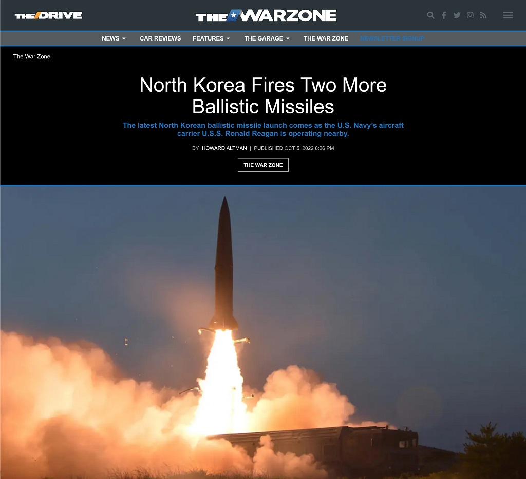 North Korea Fires Two More Ballistic Missiles article by Howard Altman published at The War Zone 10/5/2022