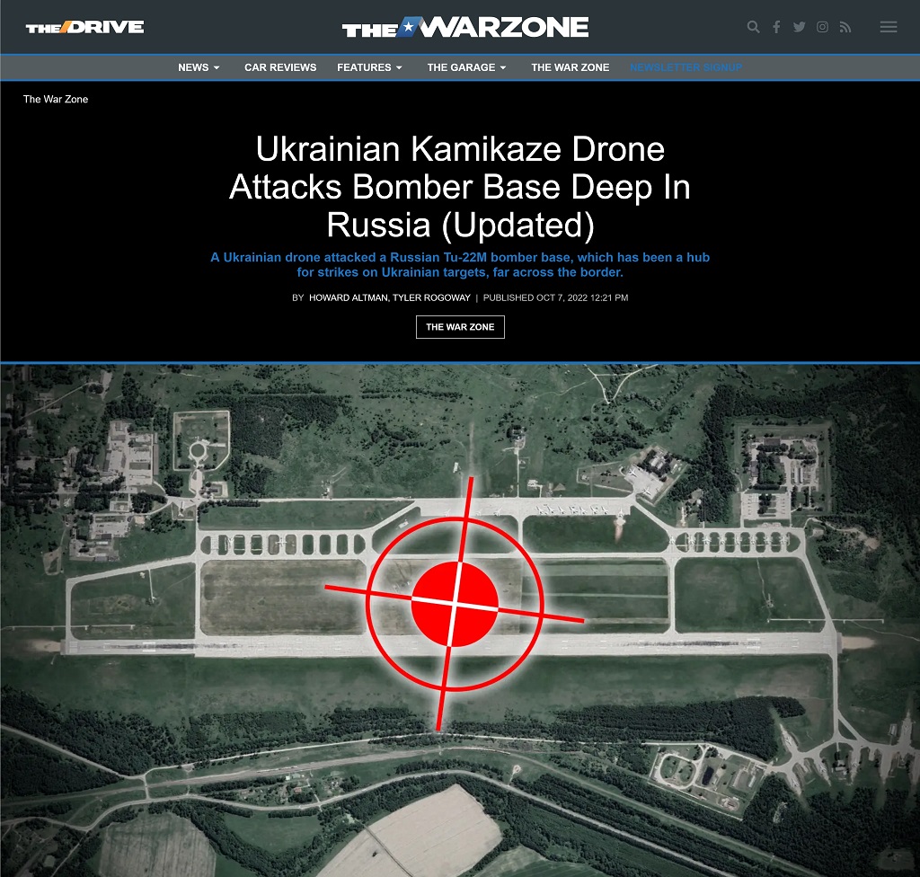 Ukrainian Kamikaze Drone Attacks Bomber Base Deep In Russia Updated by Howard Altman and Tyler Rogoway published at The War Zone 10/7/2022