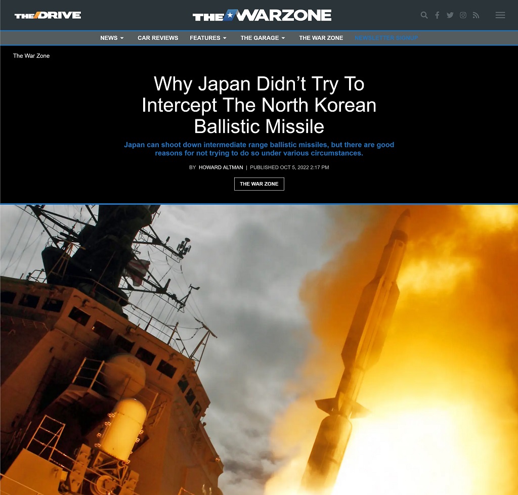 Why Japan Didnt Try To Intercept The North Korean Ballistic Missile by Howard Altman published at The War Zone 10/5/2022
