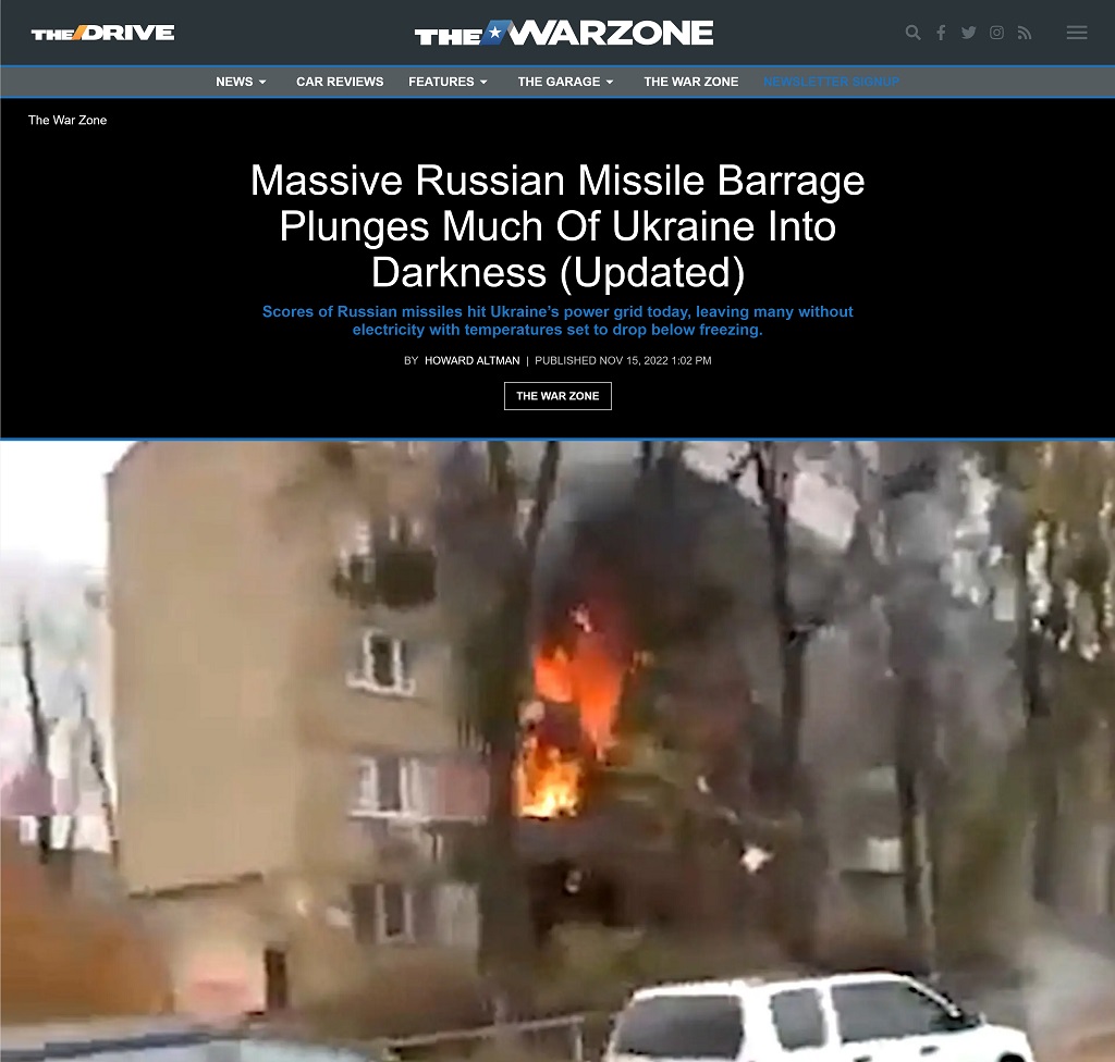 Massive Russian Missile Barrage Plunges Much of Ukraine Into Darkness -- Updated by Howard Altman at The War Zone, 11/15/2022