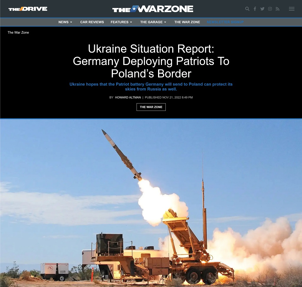 Ukraine Situation Report: Germany Deploying Patriots to Polands Border by Howard Altman at The War Zone, 11/21/2022