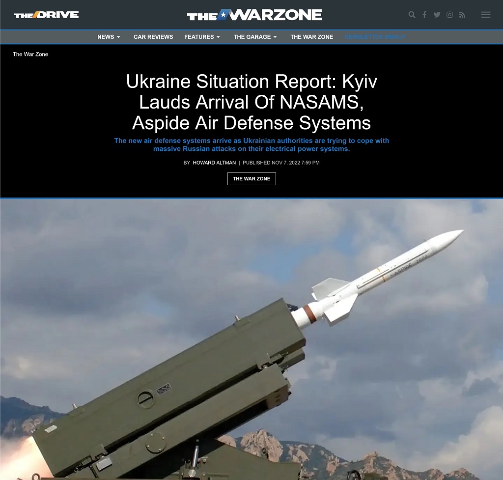 Ukraine Situation Report: Kyiv Lauds Arrival Of NASAMS, Aspide Air Defense Systems by Howard Altman at The War Zone, 11/7/2022