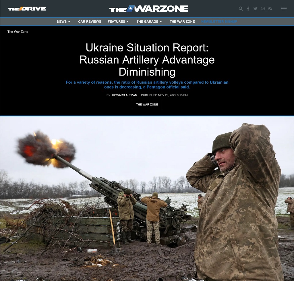 Ukraine Situation Report: Russian Artillery Advantage Diminishing by Howard Altman at The War Zone, 11/29/2022