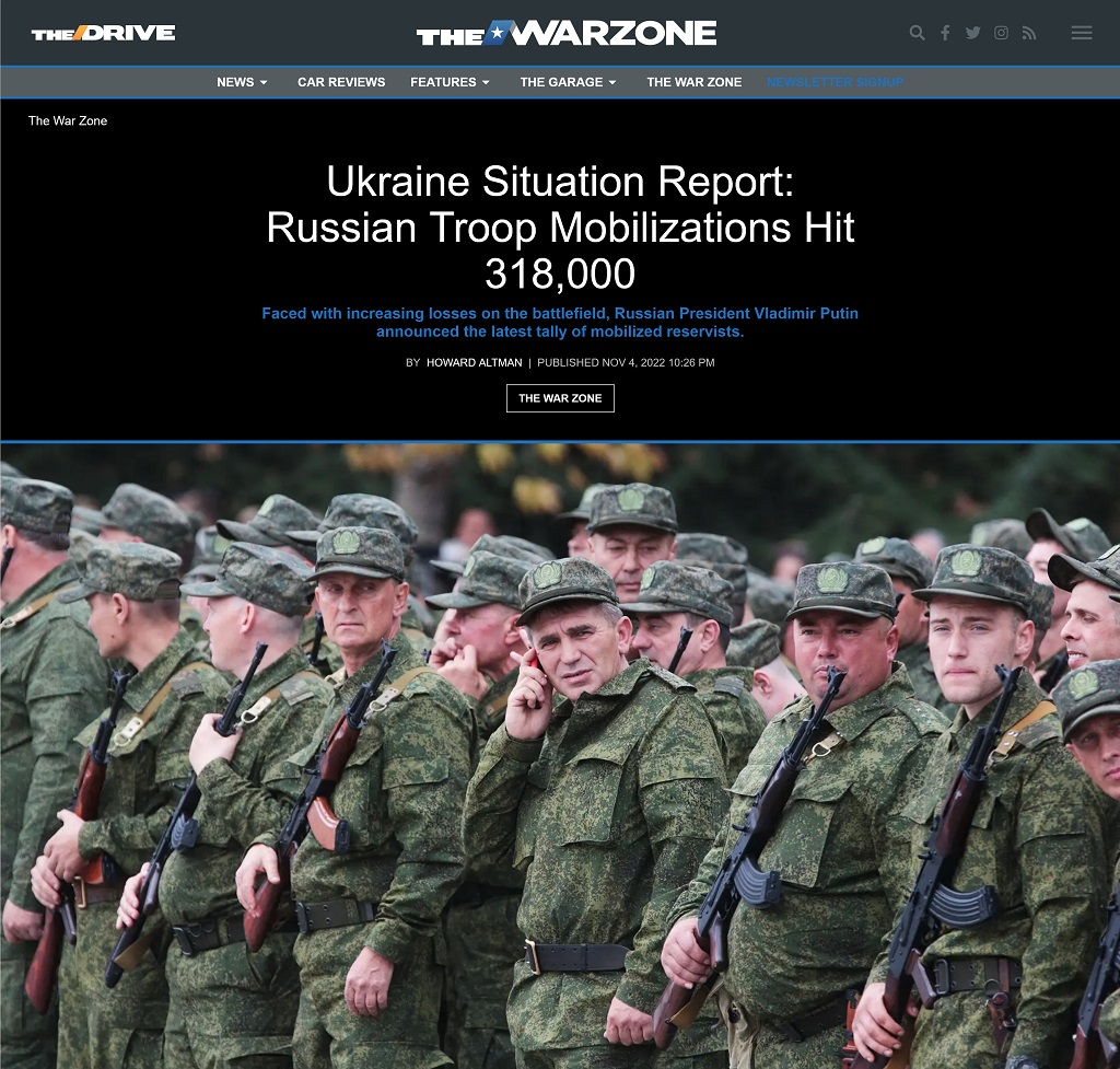 Ukraine Situation Report: Russian Troop Mobilizations Hit 318,000 by Howard Altman at The War Zone, 11/4/2022