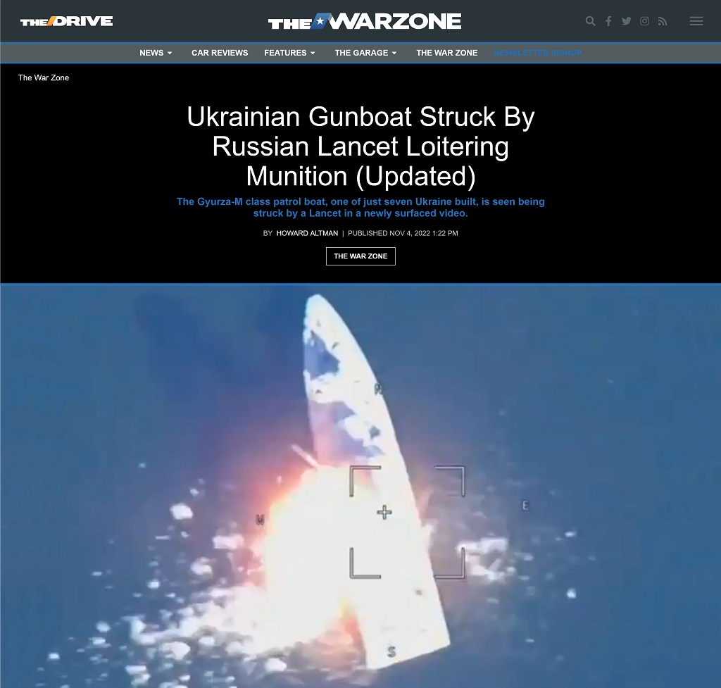 Ukrainian Gunboat Struck By Russian Lancet Loitering Munition -- Updated by Howard Altman at The War Zone, 11/4/2022