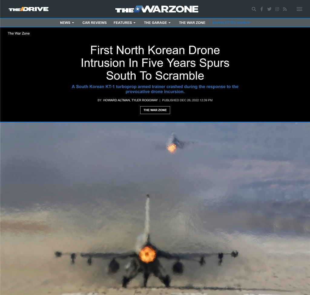 First North Korean Drone Intrusion In Five Years Spurs South To Scramble by Howard Altman, Tyler Rogoway at The War Zone 12/26/2022