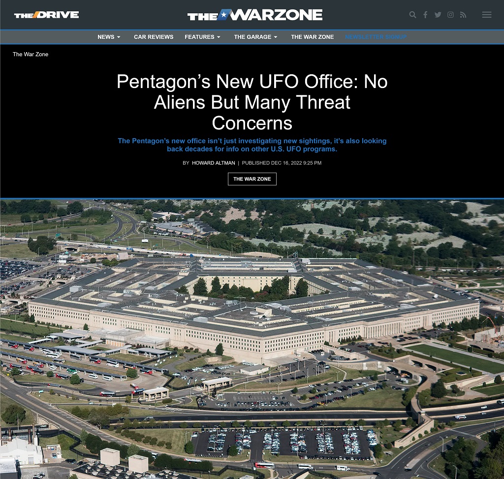 Pentagon's New UFO Office: No Aliens But Many Threat Concerns by Howard Altman, The War Zone 12/16/2022