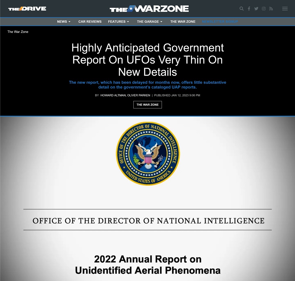 Highly Anticipated Government Report On UFOs Very Thin On New Details by Howard Altman and Oliver Parken at The War Zone 1/12/2023