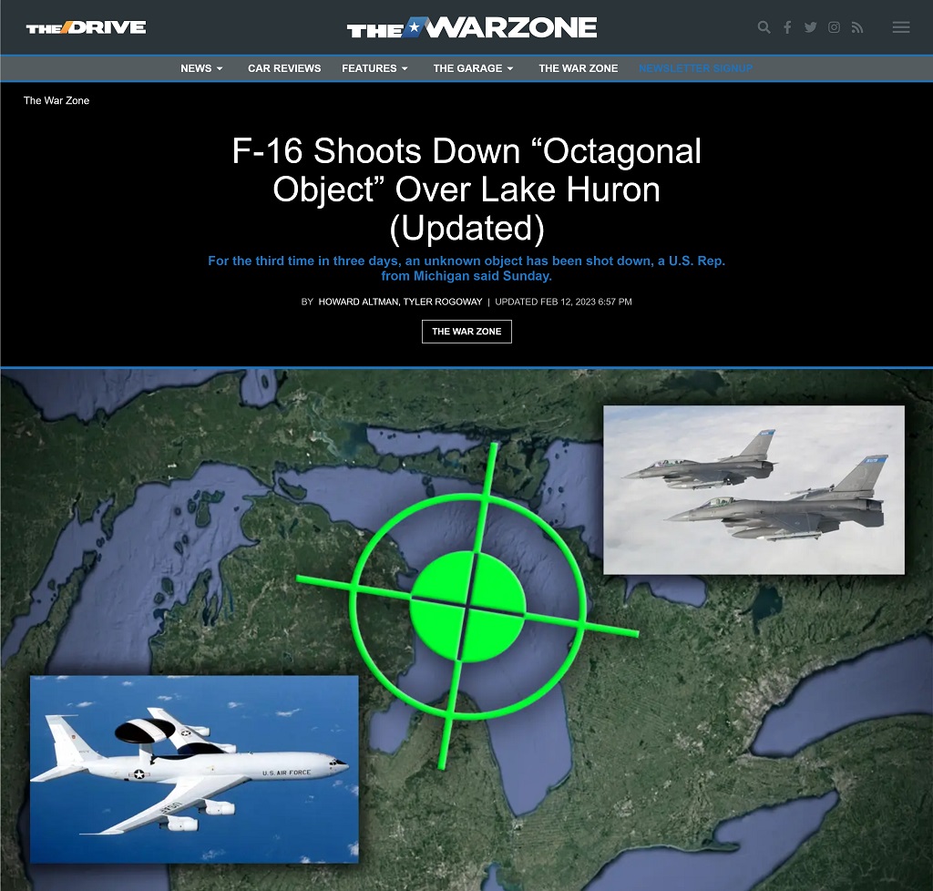 F-16 Shoots Down “Octagonal Object” Over Lake Huron -- Updated by Howard Altman and Tyler Rogoway, The War Zone 2/12/2023