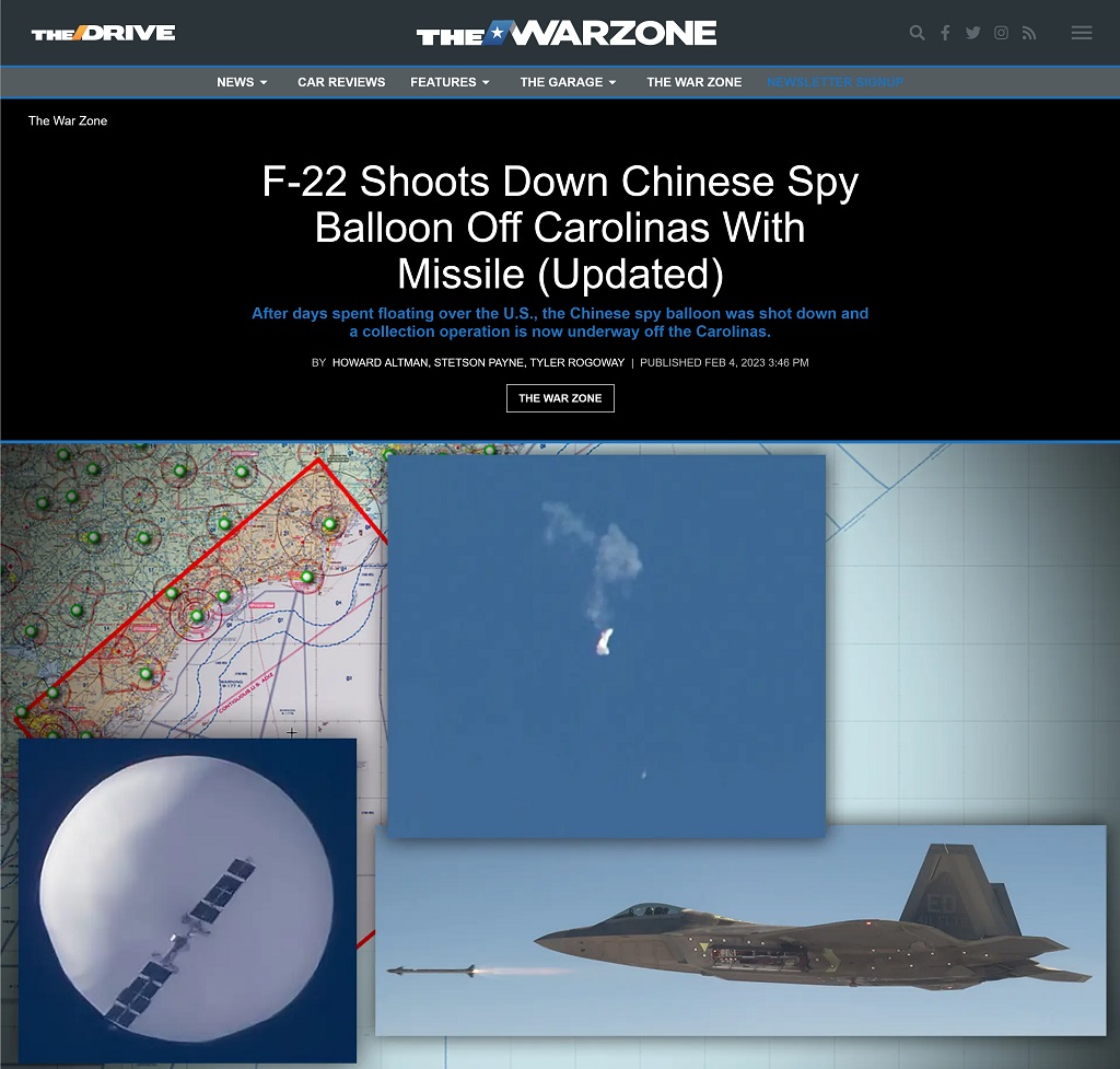 F-22 Shoots Down Chinese Spy Balloon Off Carolinas With Missile by Howard Altman, Stetson Payne, Tyler Rogoway, The War Zone 2/4/2023