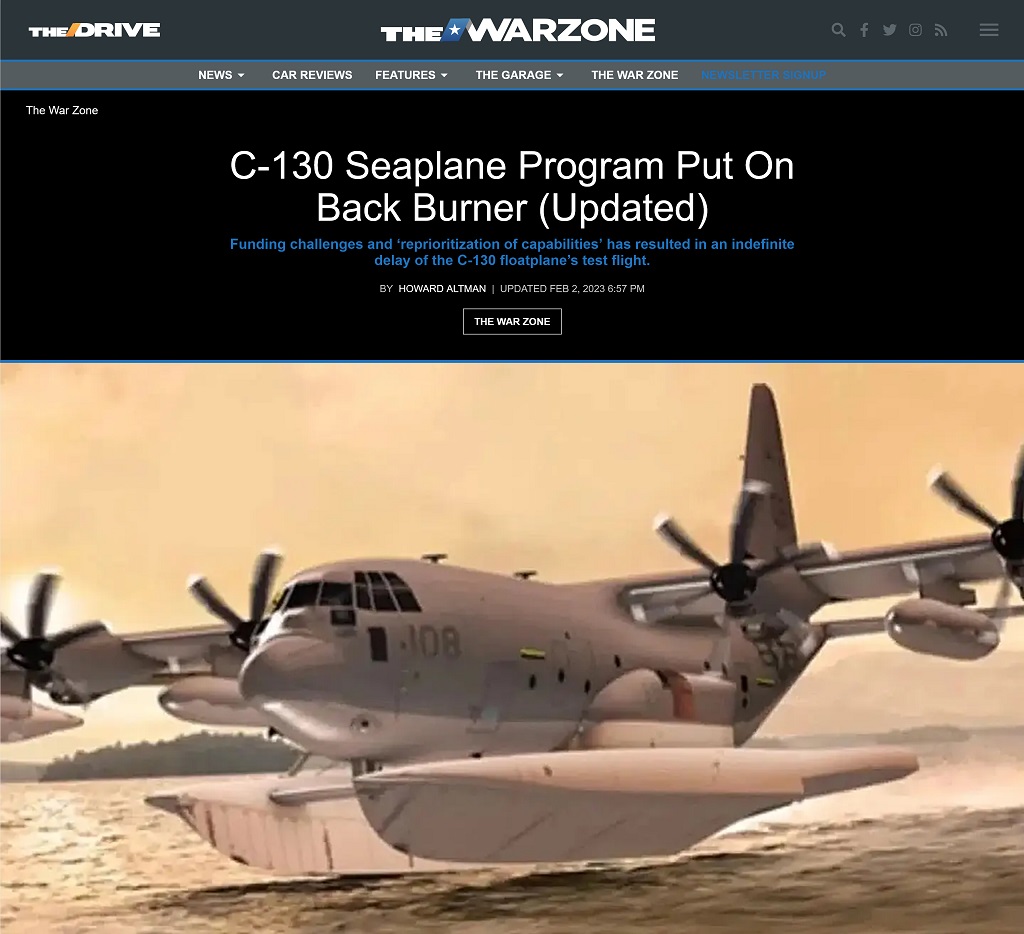 C-130 Seaplane Program Put On Back Burner by Howard Altman, The War Zone 2/2/2023