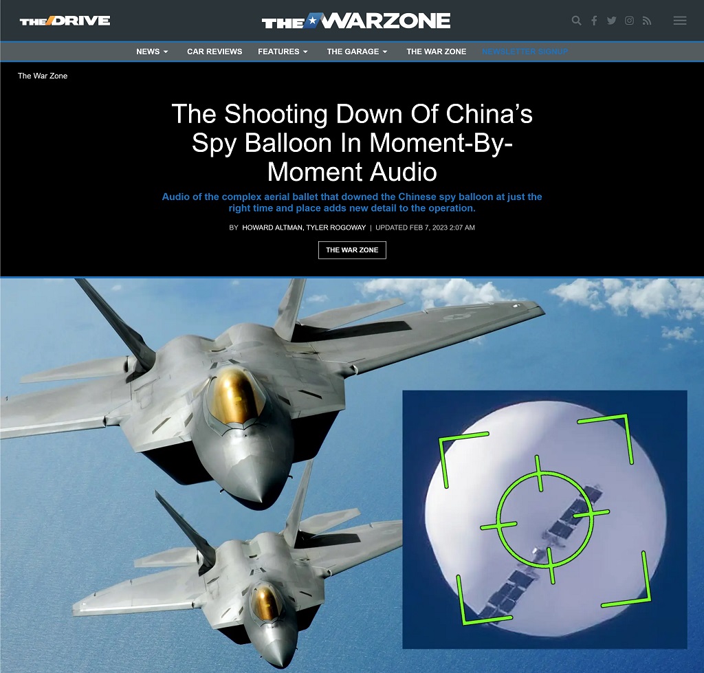 The Shooting Down Of China’s Spy Balloon In Moment-By-Moment Audio by Howard Altman, Tyler Rogoway at The War Zone 2/6/2023