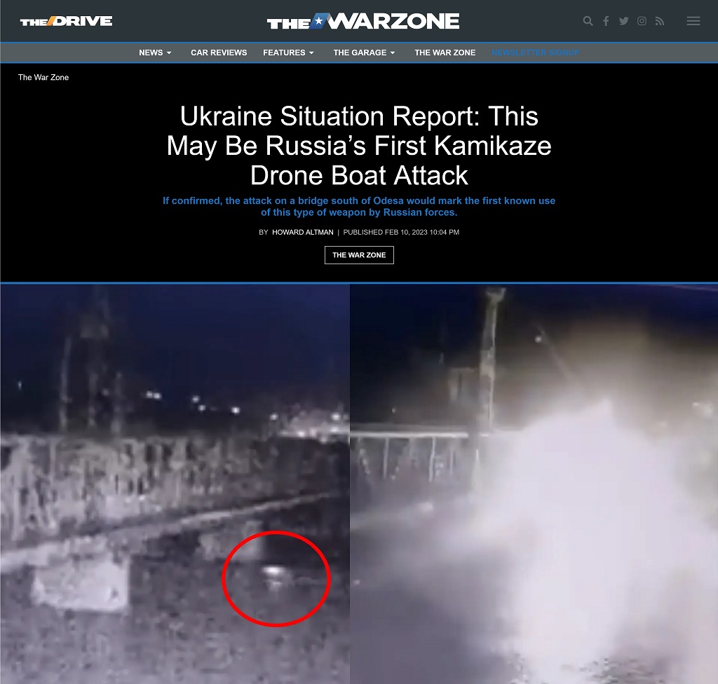 Ukraine Situation Report: This May Be Russia’s First Kamikaze Drone Boat Attack by Howard Altman, The War Zone 2/10/2023