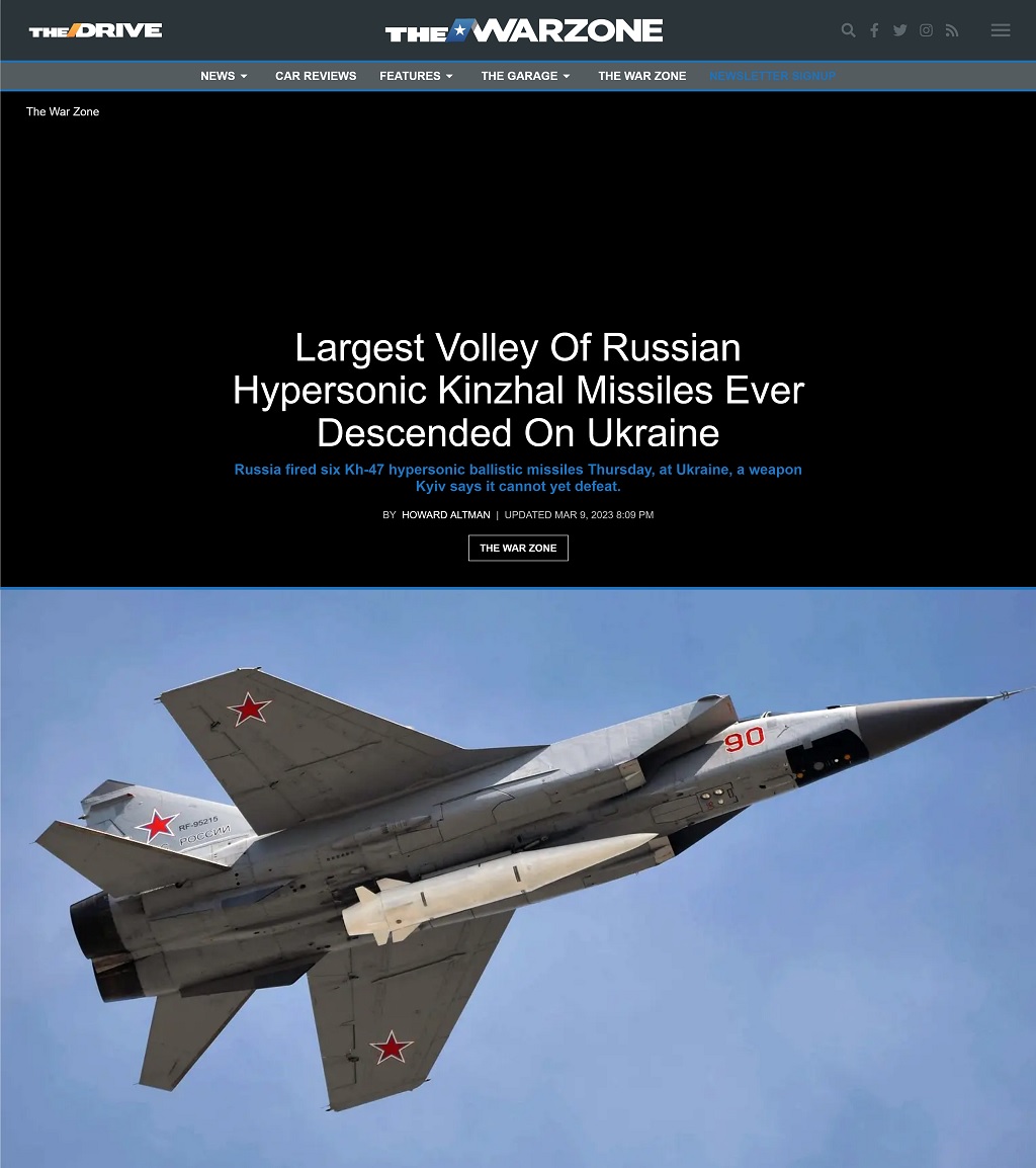 Largest Volley Of Russian Hypersonic Kinzhal Missiles Ever Descended On Ukraine by Howard Altman, The War Zone 3/9/2023