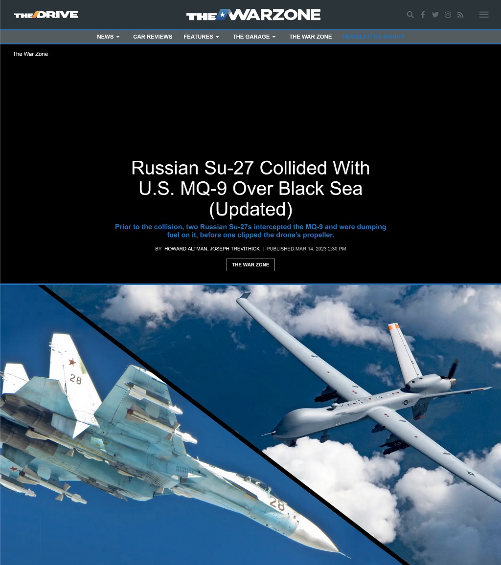 Russian Su-27 Collided With U.S. MQ-9 Over Black Sea -- Updated by Howard Altman and Joseph Trevithick, The War Zone 3/14/2023