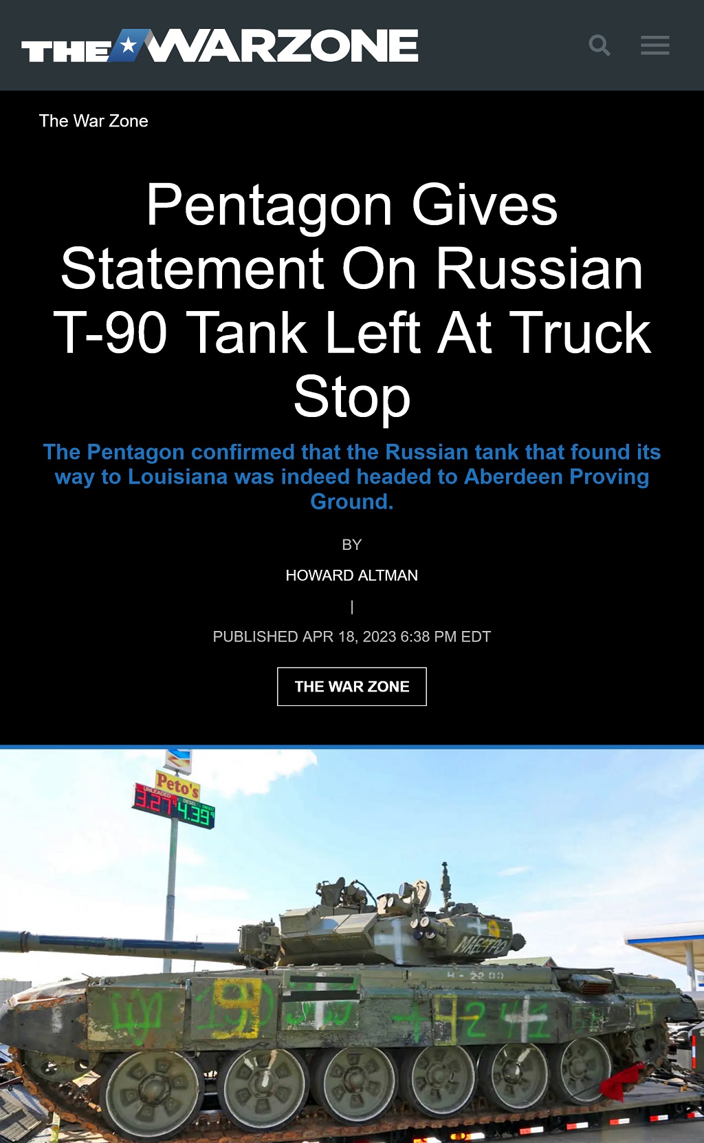 Pentagon Gives Statement On Russian T-90 Tank Left At Truck Stop by Howard Altman, The War Zone 4/18/2023
