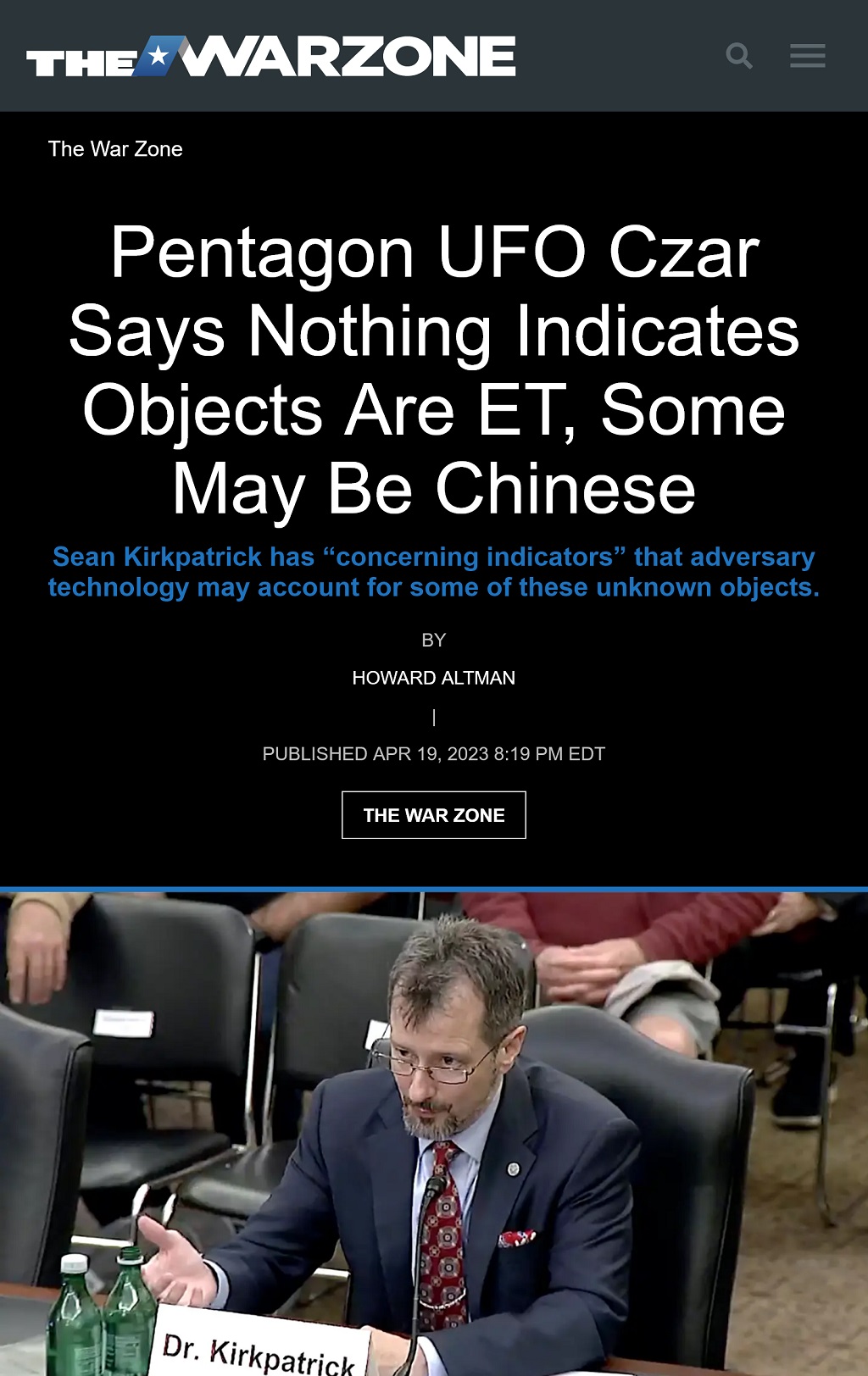 Pentagon UFO Czar Says Nothing Indicates Objects Are ET, Some May Be Chinese by Howard Altman, The War Zone 4/19/2023