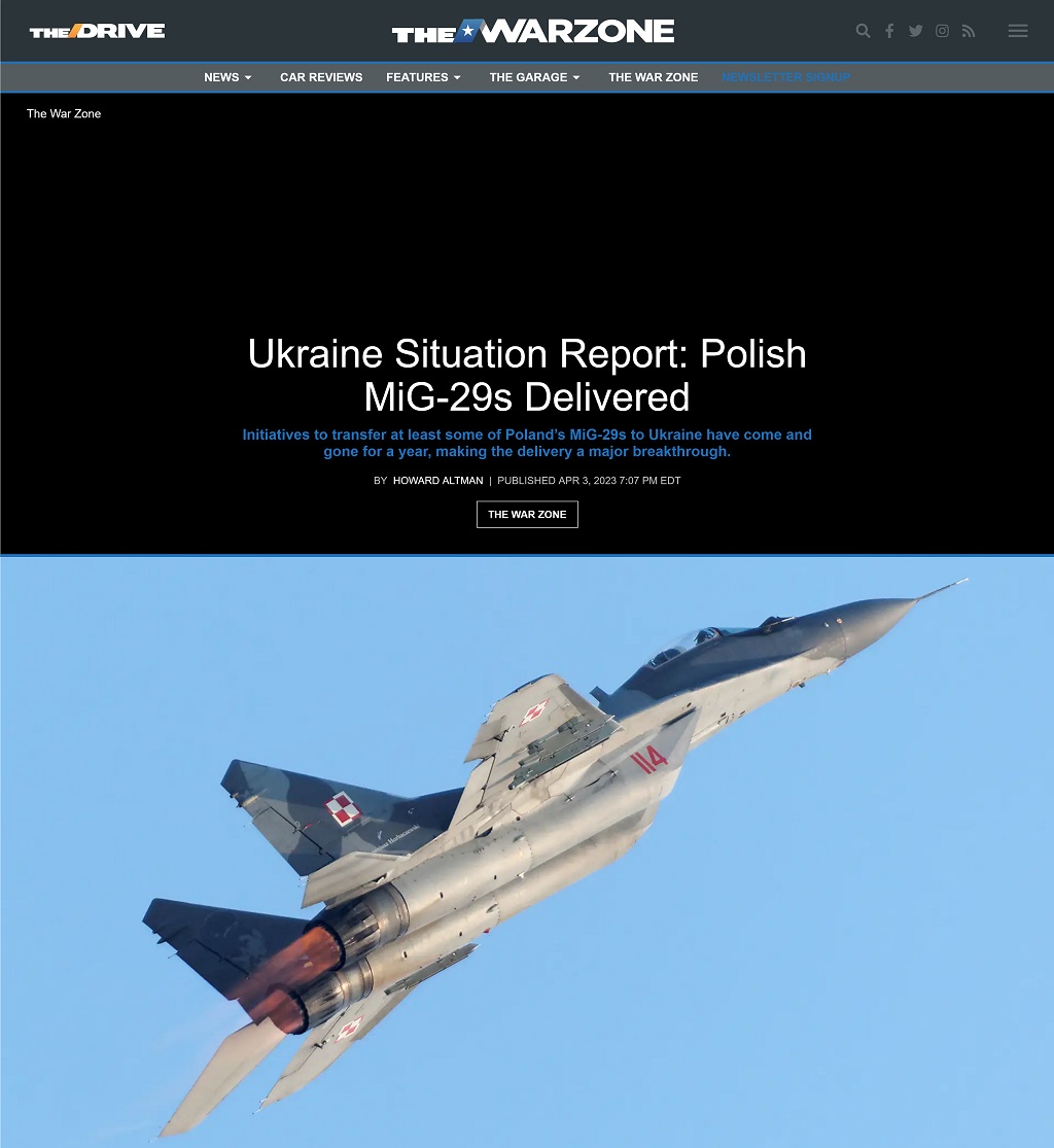 Ukraine Situation Report: Polish MiG-29s Delivered by Howard Altman, The War Zone 4/3/2023