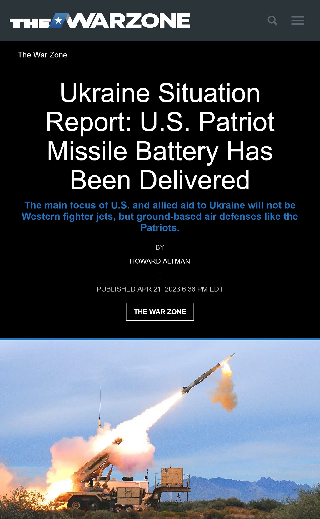 Ukraine Situation Report: U.S. Patriot Missile Battery Has Been Delivered by Howard Altman, The War Zone 4/21/2023